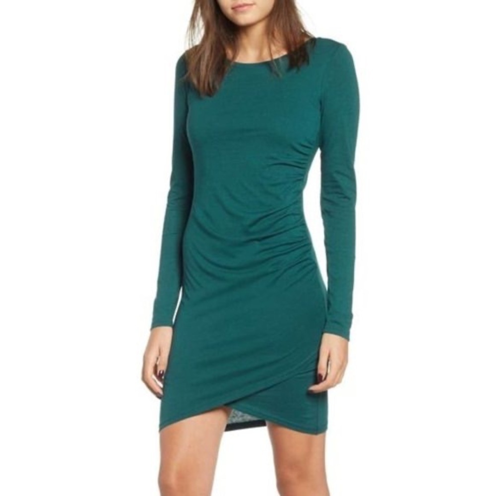 LEITH Long Sleeve Dark Green Ruched Bodycon Dress XS